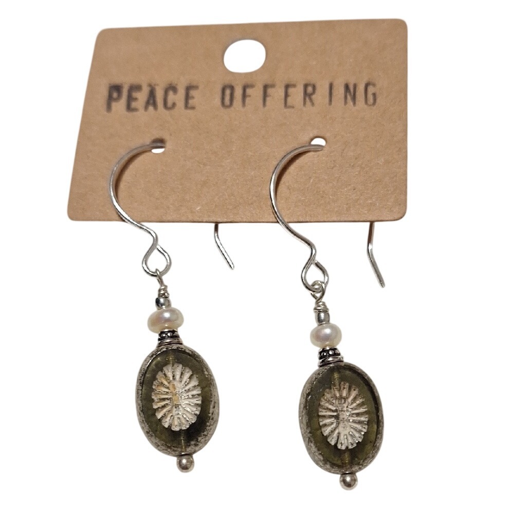Artisan Made Glass Floral Sunburst Drop‎ Earrings Silver Tone